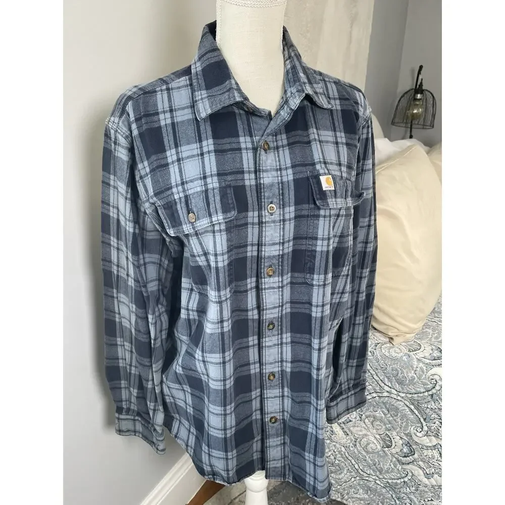 Carhartt Mens Medium Original Fit Blue Plaid Flannel Shirt 100% Cotton